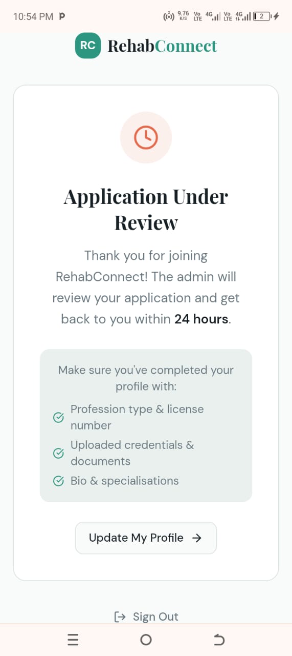 Rehab Connect Android app patient dashboard