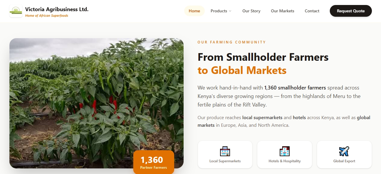 Victoria Agribusiness Ltd website -- farmer portal, cooperative management, and market price integration developed by WinK Dev Solutions